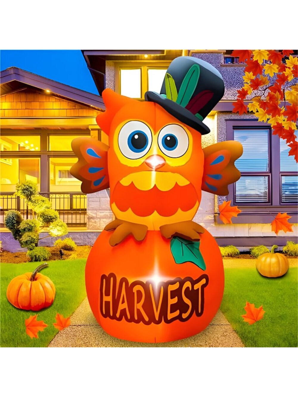 6 FT Thanksgiving Inflatables Owl on Pumpkin, LED Light Fall Inflatables